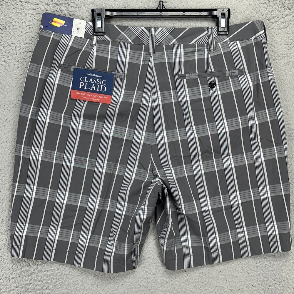 Croft & Barrow Shorts Mens 38 Classic Plaid Grey Relaxed Fit Cotton NEW
